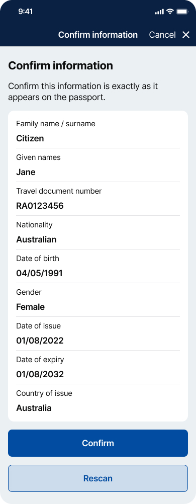 Step 3 - Confirm passport information - Australian Immi App